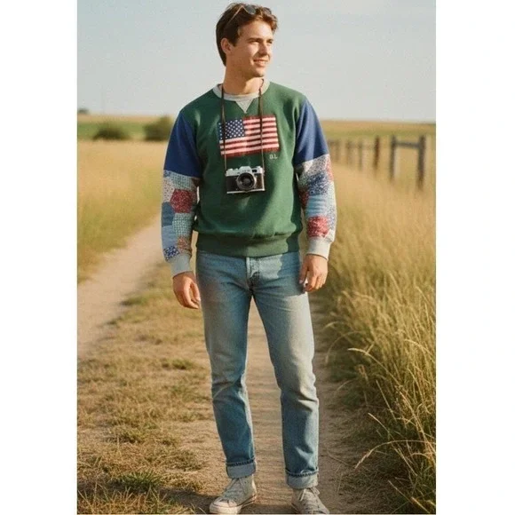 RARE Polo Country‎ RL Retro Patchwork Authentic Dry Goods Flag Sweatshirt L Uni